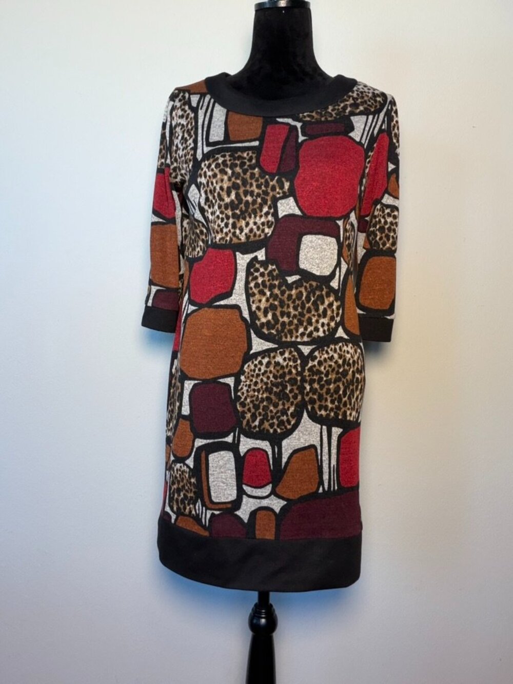 Kim Rogers Petite 12P Sweater Dress Abstract Leopard Print 3/4 Sleeve Shift